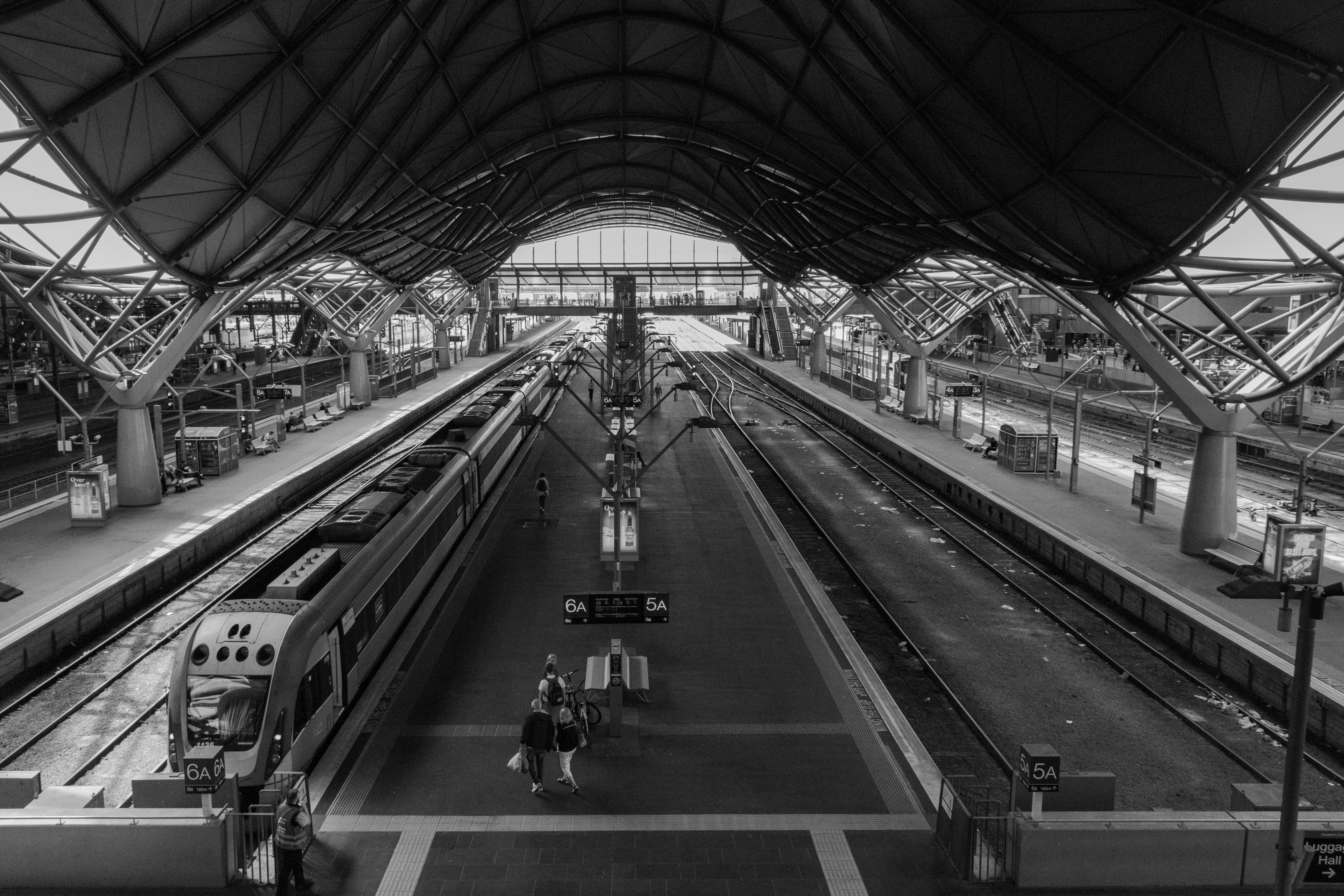 grayscale photography of train